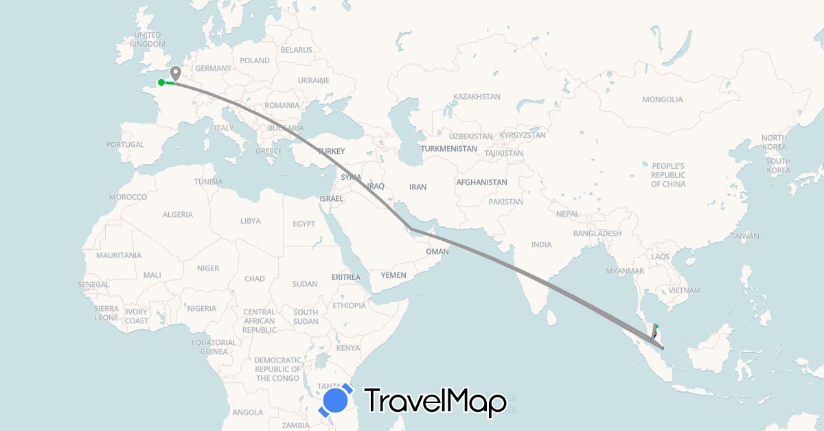 TravelMap itinerary: driving, bus, plane, hiking, boat in France, Malaysia, Qatar, Singapore (Asia, Europe)